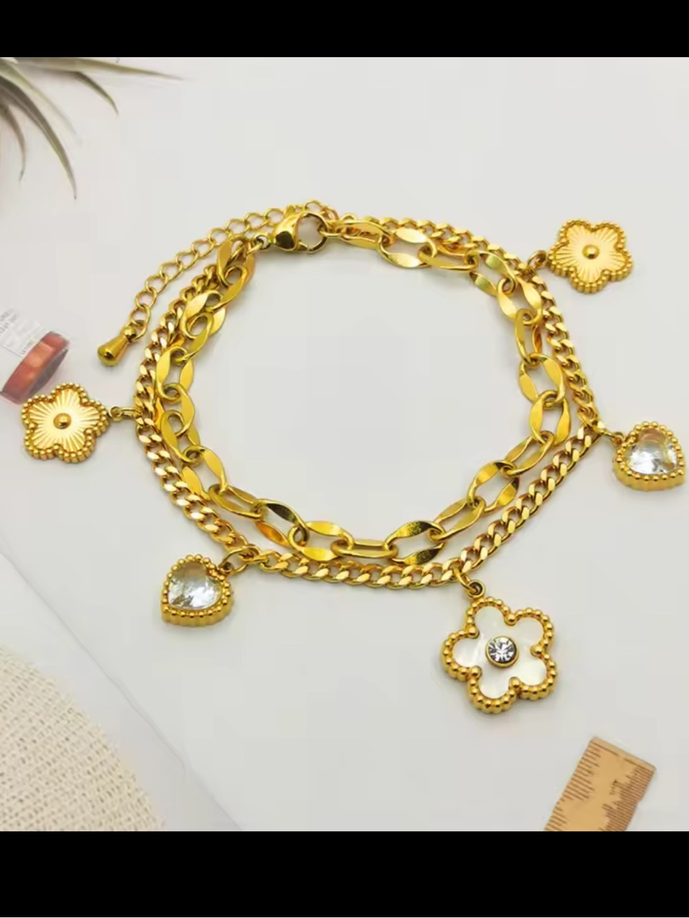 Stainless Steel Gold Floral & Heart Charm Chain Bracelet